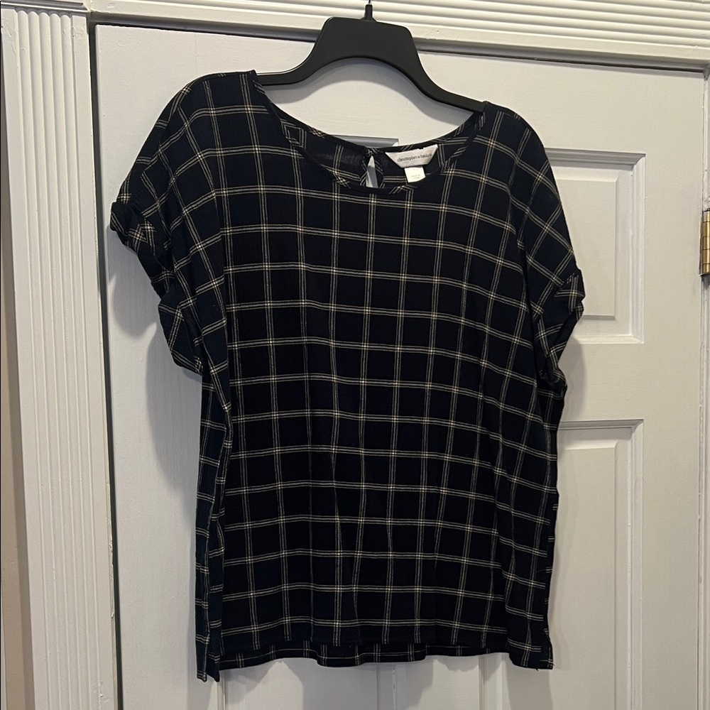 Christopher & Banks Navy/Gold/Cream Plaid Short Sleeve Top